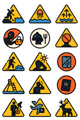 Travel and Tourism Warnings icons in modern flat vector style in minimalistic vibrant color design: Unsafe cliff, deep water icon, jellyfish beach