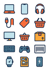 Electronics Store icons in modern flat vector style in minimalistic vibrant color design: Laptop, smartphone, tablet, headphones, charger cable, price