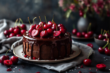 Chocolate cake with cherries. Exquisite chocolate cake with fresh cherries on top