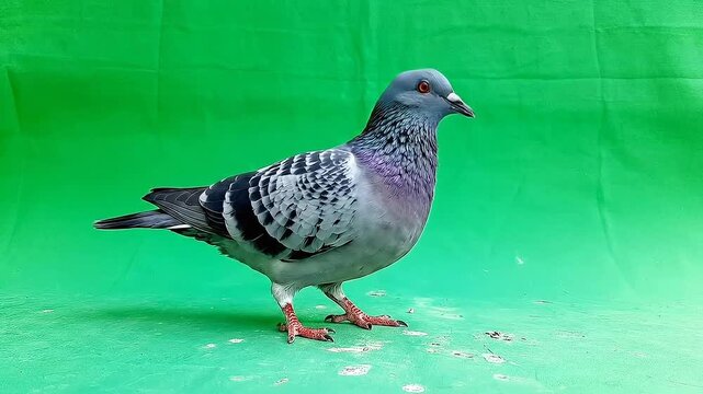 Urban Pigeon Columba livia Foraging for Seeds on Vibrant Green Screen Background