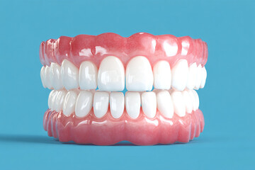 Obraz premium A close-up view of a full set of perfectly white teeth and healthy pink gums displayed against a vibrant blue background highlighting dental health and oral care