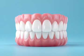 Obraz premium Full dental model with healthy white teeth and pink gums on a clean blue background for oral hygiene education