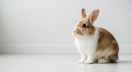 Obraz premium A brown and white rabbit sitting on a white floor.