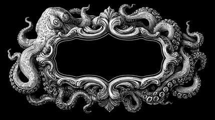 Ornate Vintage Engraving Frame with Octopus Tentacles and Kraken Design. Intricate Nautical Marine Fantasy Art on Black Background.