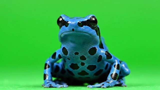 Vibrant Blue Poison Dart Frog with Black Spots Isolated on Green Screen Background Close Up Studio Shot
