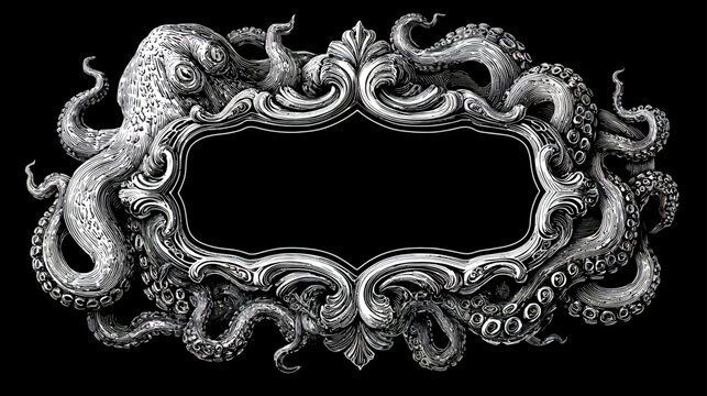 Ornate Vintage Engraving Frame with Octopus Tentacles and Kraken Design. Intricate Nautical Marine Fantasy Art on Black Background.
