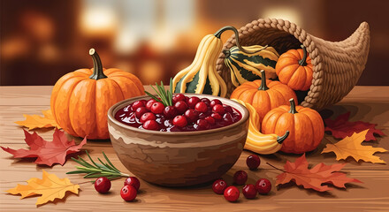 Festive harvest bounty of pumpkins and cranberries served in a wooden bowl with autumn leaves and a cornucopia