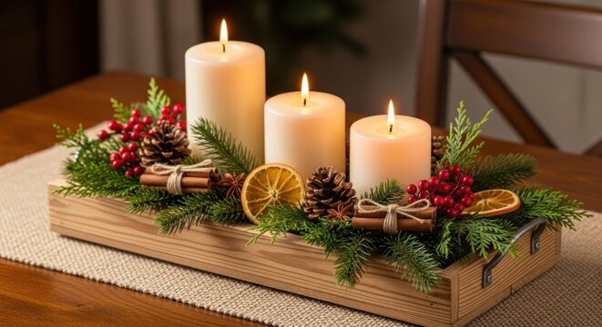 Festive christmas centerpiece with candles pinecones and cinnamon sticks on table - Powered by Adobe
