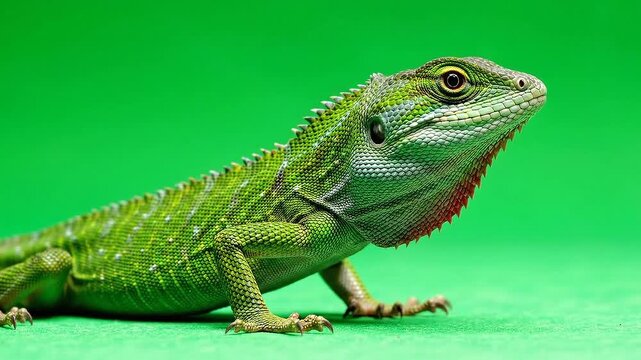 Vibrant Green Lizard With Bright Red Throat Displays Distinctive Coloration Against a Solid Green Background in Studio Lighting
