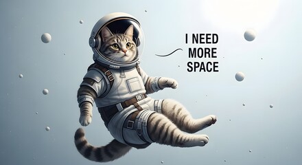 A cute cat dressed as an astronaut floating in space with a speech bubble saying 'I NEED MORE SPACE' amidst planets and stars in the background