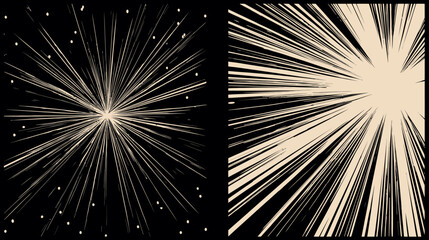 Retro radial light burst with speed lines on black. Abstract graphic element for comic, explosion, or dynamic background design.