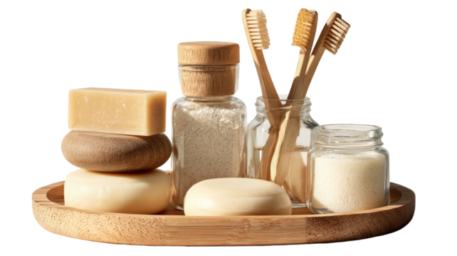Eco-friendly personal hygiene items on a wooden tray