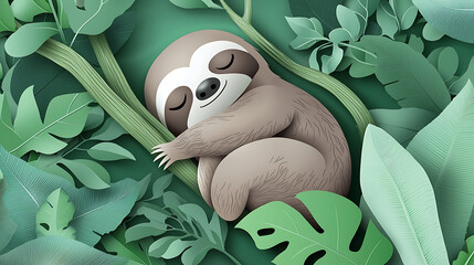 Naklejka premium Sleeping Sloth in Tropical Foliage A Peaceful Moment in Nature's Embrace