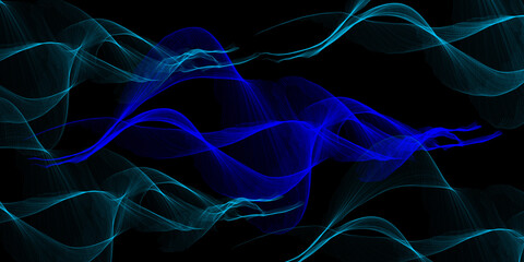 “Blue abstract smoke wave on black background with soft light trails. Elegant flowing neon line art for digital wallpaper or motion design. Perfect for modern visual effects.”