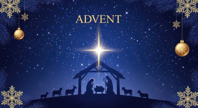 A serene Christmas scene with a star, manger, and animals in a starry night sky, with a blue and gold color scheme and snowflakes as decorations.