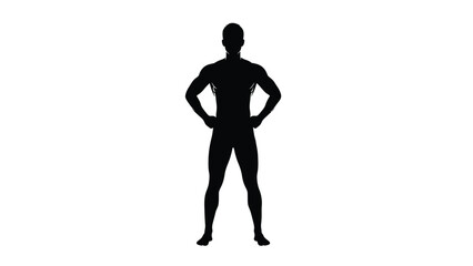 Full Body Black Silhouette of Athletic Male Figure Standing with Hands on Hips in a Power Pose