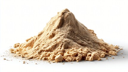 Obraz premium Heap of dry brown breadcrumbs in a pile on white background, close up with texture details, food ingredient