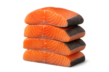 Raw salmon fillets stacked on top of each other, fresh healthy seafood rich in omega 3 with transparent background