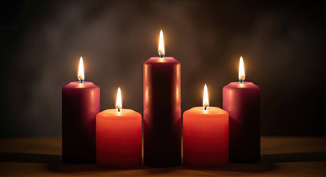 Five red candles with one lit flame on a dark background.