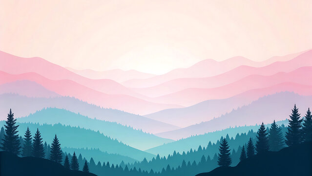 Serene mountain landscape at sunrise with pastel colored sky and evergreen forest - Powered by Adobe