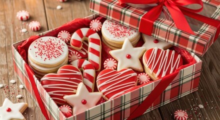 Festive christmas cookies in a plaid box with red ribbon on a wooden background
