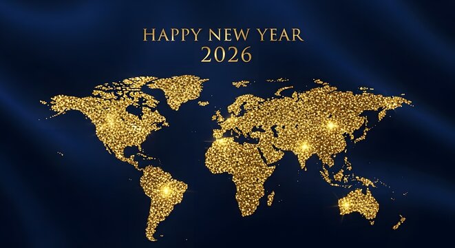 Golden World Map with Happy New Year 2026 Lights on Blue Background - Powered by Adobe