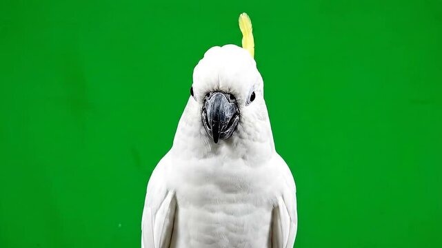 White-crested Cockatoo Portrait Against Green Screen Background Featuring Detailed Plumage And Yellow Crest In Studio Shot