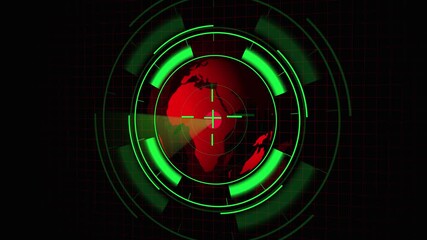 Red Globe Under Green Targeting Reticle with Grid Overlay on Dark animation Background image. Animated red globe features green targeting reticle with grid overlay producing sleek and engaging dark . - Powered by Adobe
