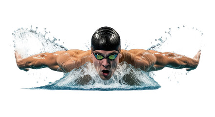 Muscular Swimmer Performing Butterfly Stroke With Water Splash Isolated On Transparent Background