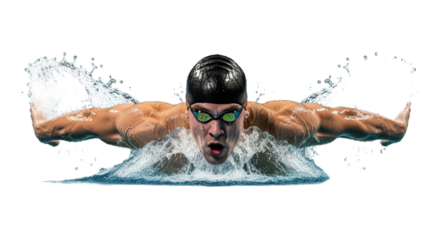 Muscular Swimmer Performing Butterfly Stroke With Water Splash Isolated On Transparent Background