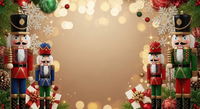 Four nutcrackers with red, green, and gold decorations against a gold background with bokeh lights and snowflakes.