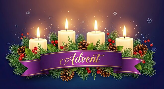 A Christmas advent wreath with lit candles, pine cones, and berries on a dark background.