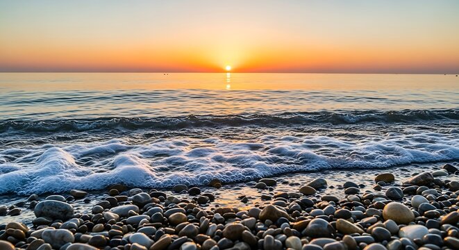 Serene Sunrise Over a Pebble Beach with Gentle Waves. - Powered by Adobe