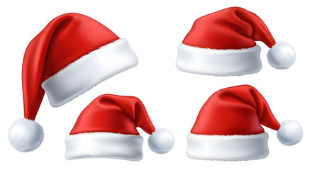 Collection of Four Festive Santa Hats with White Pom-Poms on White Background