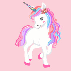 Cute rainbow unicorn cartoon animal, pony horse fantasy character in fairytale, vector illustration design for children or kids product or baby birthday