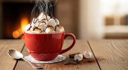 A red mug filled with hot chocolate and topped with marshmallows and chocolate sauce, placed on a wooden table with a spoon and scattered chocolate pieces.