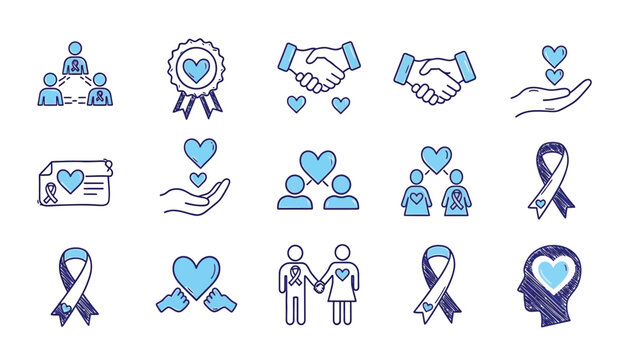 Doodle Icon Set for Charity, Awareness, and Social Support: Hearts, Ribbons, Community, and Handshake Symbols
