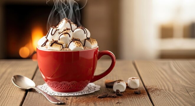 A red mug filled with hot chocolate and topped with marshmallows and chocolate sauce, placed on a wooden table with a spoon and scattered chocolate pieces.