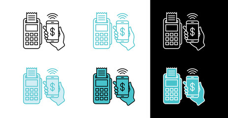 Smartphone and pos machine icon for cashless payment system in line and fill style