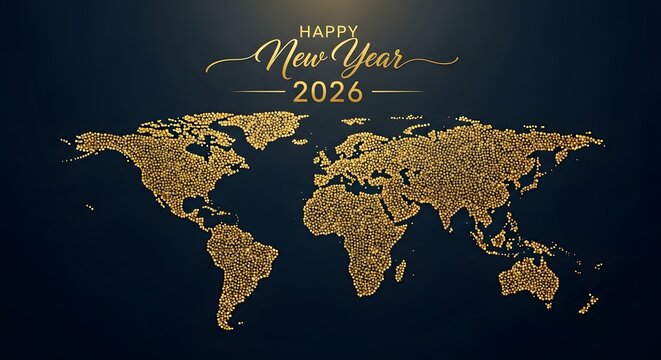 Golden World Map with Happy New Year 2026 Lights on Blue Background