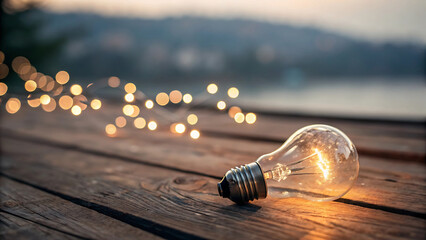 Glowing incandescent light bulb on rustic wooden surface with bokeh lights