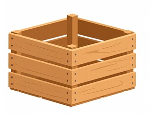 Wooden Crate, Light Brown Square Box, Empty Container, Rustic Design, Three Horizontal Dividers, Isometric View