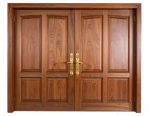 Elegant Wooden Double Door with Golden Handles Isolated on White