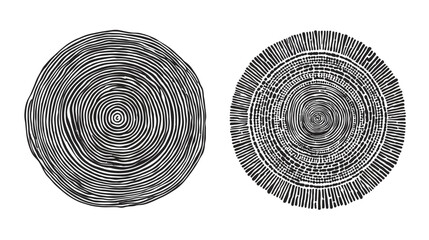 Abstract hand-drawn black and white circular patterns. Set of two organic textured designs with concentric rings, similar to tree growth or ancient symbols.