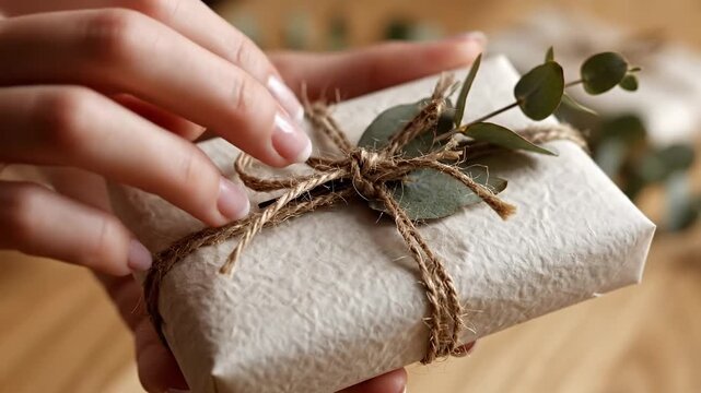 Close up of female hands holding a rustic beautifully wrapped gift box adorned with natural twine and fresh eucalyptus leaves perfect for eco friendly celebration