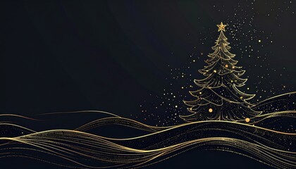 Elegant Christmas Tree Adorned with Golden Lights Against a Dark Background at Night