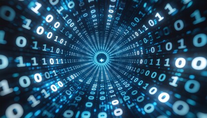 Abstract Glowing Binary Code Tunnel with Circular Perspective and Depth of Field