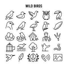 An illustrated collection of diverse bird icons, featuring a variety of avian species and related elements, presented in a clean, minimalist style.
