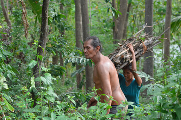 A shirtless farmer walks ahead while his wife follows carrying a large firewood bundle on her head. They move together through dense tropical vegetation on rural farmland.
