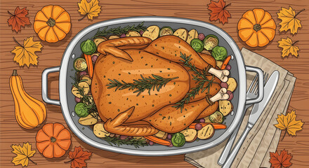 Delicious Roasted Turkey Dinner with Autumn Vegetables and Pumpkins on a Wooden Table